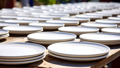 Stacks of blank white plates arranged on a surface.