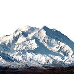 Fototapeta premium Majestic Mountain Vista: An imposing snow-capped mountain range stands proudly under a clear sky, showcasing nature's raw, breathtaking beauty in an awe-inspiring panorama.