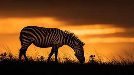 Zebra Silhouette Wildlife Nature Safari Africa Sunset Profile Mammal Striped Herbivore Grazing Pasture Evening Field Savanna Scenic Landscape Gold Sunlight Outdoor Black Fur Peaceful Scene