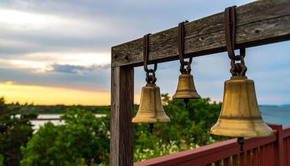 Obraz premium Golden bells hang from a wooden frame at sunset.