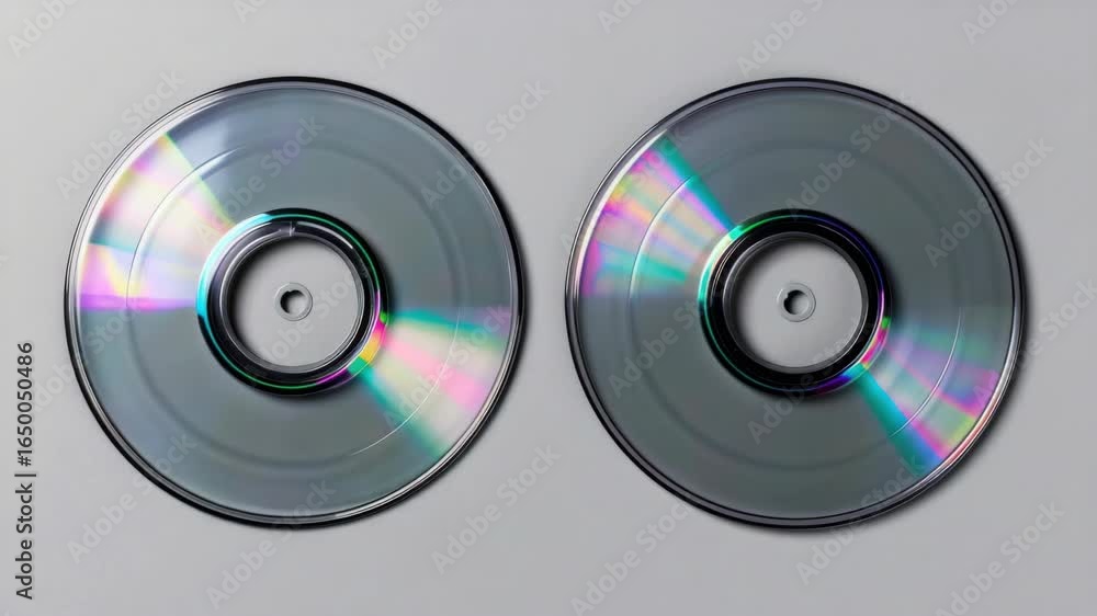 Poster two cds are displayed with a rainbow-like effect on them. the cds are silver and have a colorful, ir