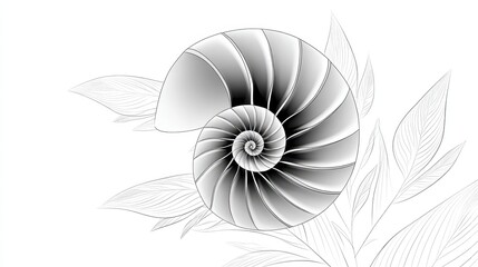 Obraz premium Intricate black and white illustration of a nautilus shell with elegant leaves.