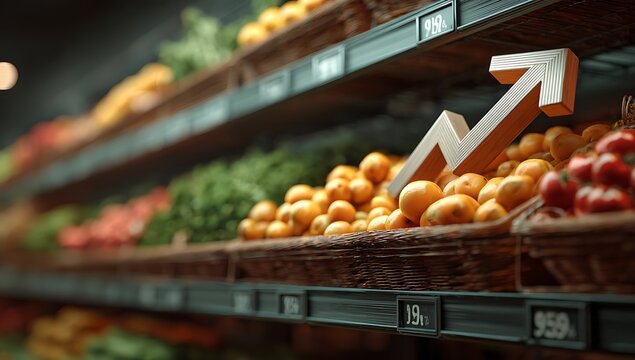 Grocery store produce shelves with rising arrow indicating price increase supermarket fruit