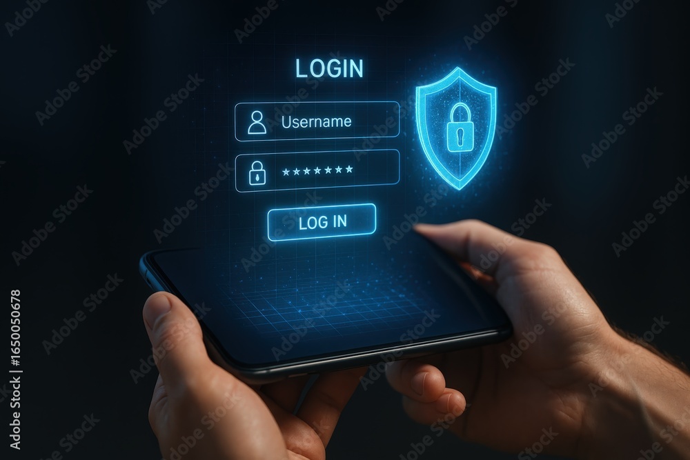 Poster smartphone displaying a secure login interface.