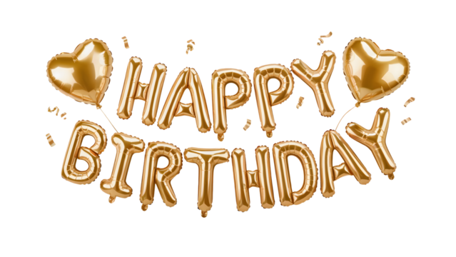 Golden Happy Birthday balloon celebration with heart shapes and confetti