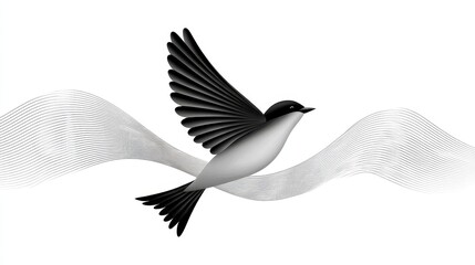 Obraz premium A stylized black and white bird soaring gracefully through smooth waves.