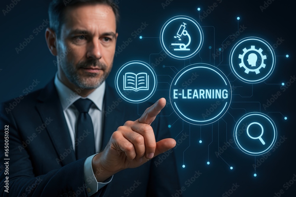 Poster businessman interacts with an e-learning interface.
