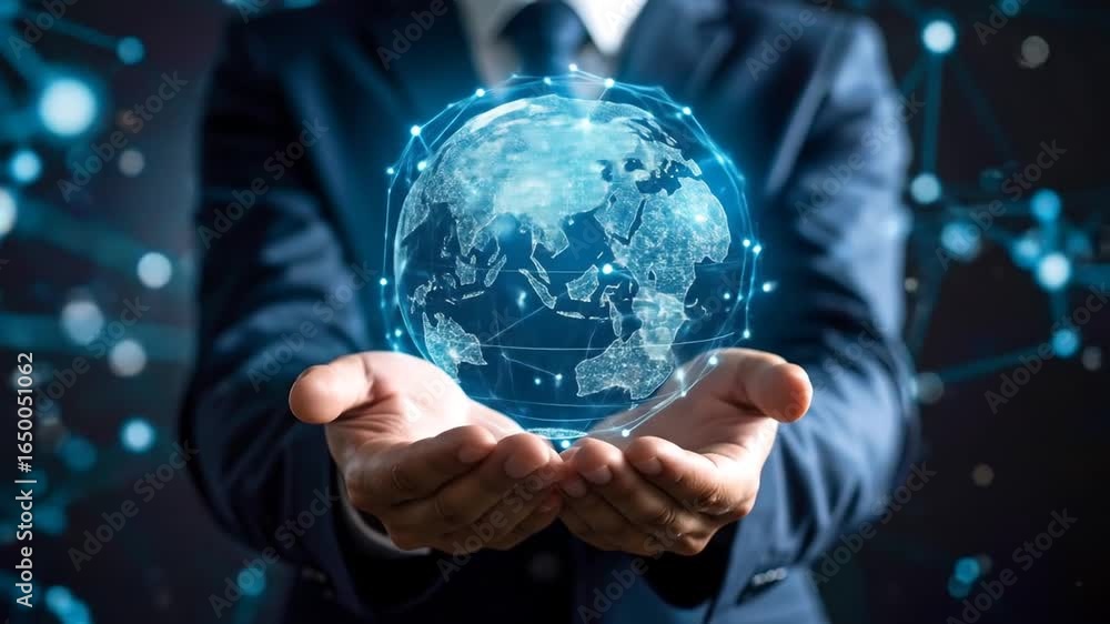 Poster businessman holding a glowing earth globe with data connection and global network concept.