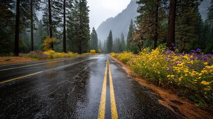 Rainy Road Through Yosemite National Park With Yellow Flowers