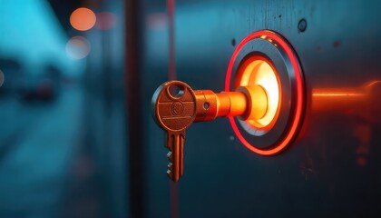 A close up of a key inserted into a futuristic lock with glowing red and orange light accents