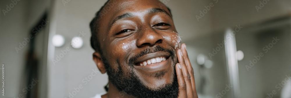 Poster man applying skincare product with a joyful expression in a bright bathroom setting during daytime