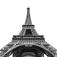 Eiffel Tower: A stunning black and white shot of the iconic Eiffel Tower, captured from a low angle, emphasizing its grand scale and intricate architectural design.