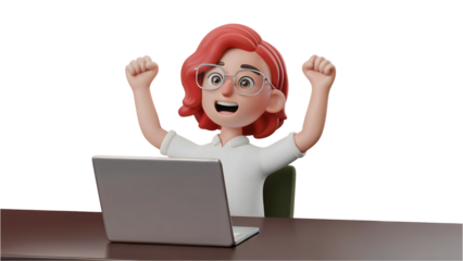 Excited woman celebrating success with laptop, arms raised in joyful triumph