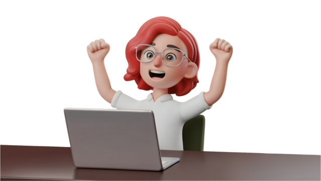 Excited woman celebrating success with laptop, arms raised in joyful triumph