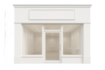 Classic white storefront with large windows and transparent background, ideal for showcasing products or branding