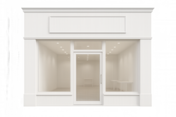 Classic white storefront with large windows and transparent background, ideal for showcasing products or branding