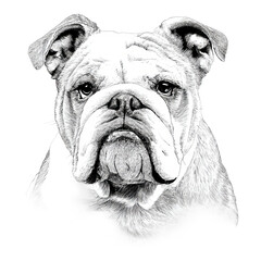 English Bulldog Portrait: A detailed sketch of an English Bulldog showcases its distinguished features, capturing the essence of the breed with its wrinkled brow, strong jaw, and overall charm.
