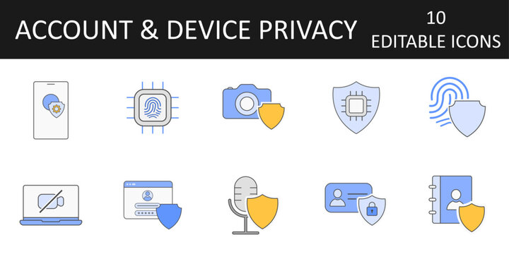 Account and device privacy icon set — 10 vector symbols for login security, biometrics, hidden cameras, app permissions, and secure contacts for digital protection and online safety.