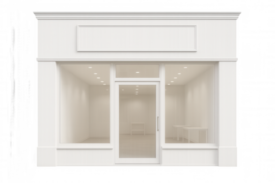 Classic white storefront with large windows and transparent background, ideal for showcasing products or branding