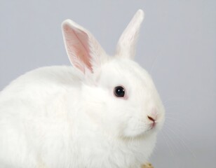 Obraz premium Charming close-up of a pristine white rabbit against a soft gray backdrop captures its gentle