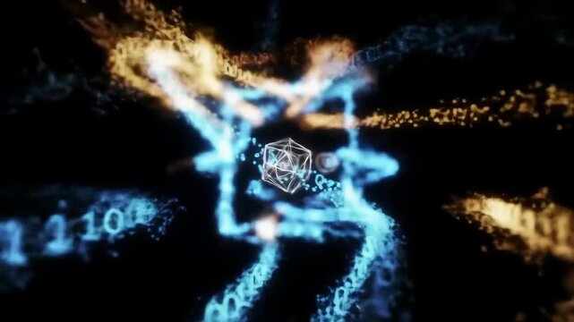 Digital DNA: An abstract digital representation of a DNA double helix, visualized with dynamic, flowing lines of binary code, showcasing the intricacy of genetic information.