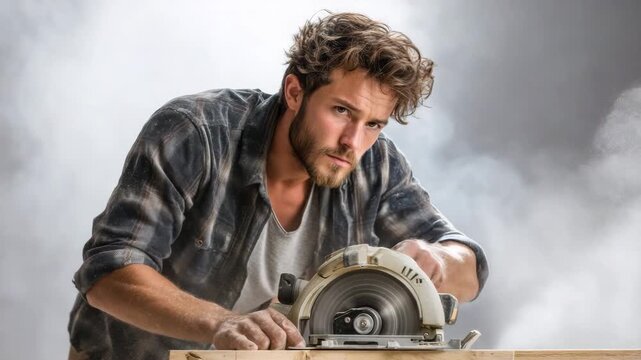 Crafting woodwork with a power tool in a workshop setting