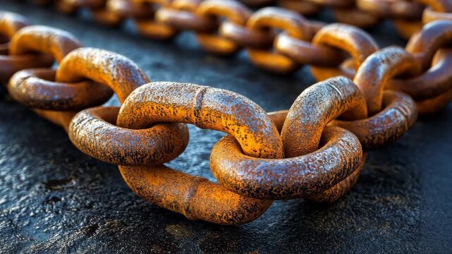 Close-up of rusty metal chains lying on wet dark surface highlighting corrosion