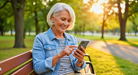 Smiling senior woman using smartphone in park, enjoying technology and sunny outdoor moments