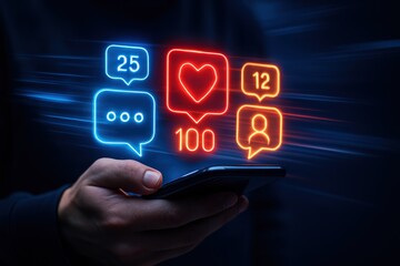 Neon social media notification icons displayed on a smartphone.