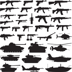 Diverse collection of military weapon silhouettes including guns tanks and aircraft rifle pistol