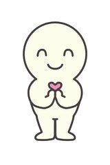 A full-length portrait of a smiling person holding a heart with both hands.