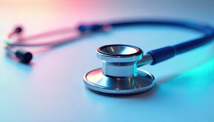 Close up of a blue stethoscope on a white surface with pink and blue lighting creating a medical image