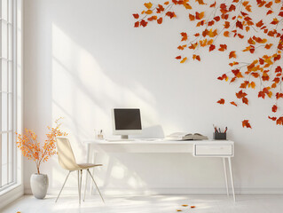 Bright and Modern Workspace with Autumn Leaves on Wall Decoration