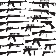 Collection of Various Rifle and Handgun Silhouettes on White Background pistol firearm