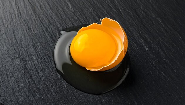 Broken egg yolk on a dark slate surface.