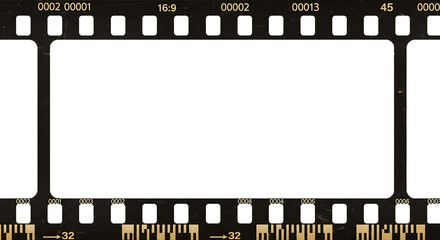Grunge 35mm film strip background vector with blank frames, perfect for vintage cinema photography and movie reel illustration