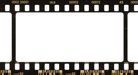 Grunge 35mm film strip background vector with blank frames, perfect for vintage cinema photography and movie reel illustration