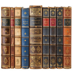 Golden Legacy Isolated On White Background: A collection of antique books standing in a row. showcasing ornate covers. Each book whispers tales of knowledge and the elegance of a bygone era.