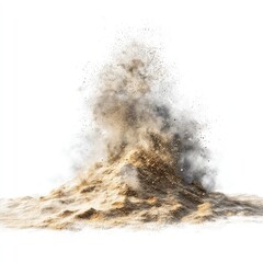 A beige pile of sand erupts in a cloud of dust