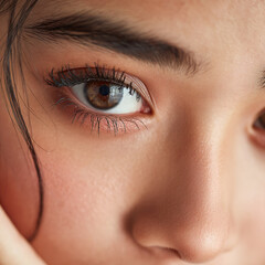 Obraz premium Closeup Beauty Portrait Female Face Eyes Detail Nature Expression Makeup Skin Youthful Serene Features Eyelashes Emotion Realism Cosmetics Feminine Texture Intimate Gaze Brown Attention Softness