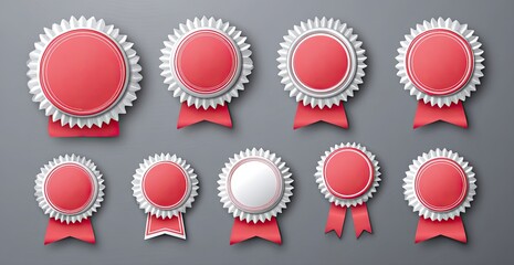 Set of 12 decorative, rosette-style awards with ribbons, in shades of red and white