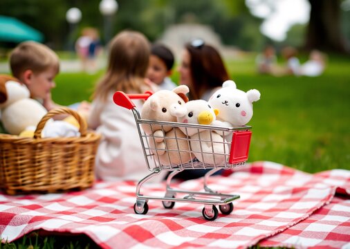 A miniature shopping cart overflowing with adorable plush toys sits on a red picnic blanket at a lively outdoor gathering.