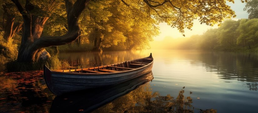a serene lake surrounded by lush autumn foliage, a wooden boat docked on the tranquil waters, warm golden sunlight filtering through the trees, atmospheric and dreamlike landscape, detailed high resol