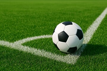 Fototapeta premium A classic black and white soccer ball rests on the corner line of a lush green playing field.