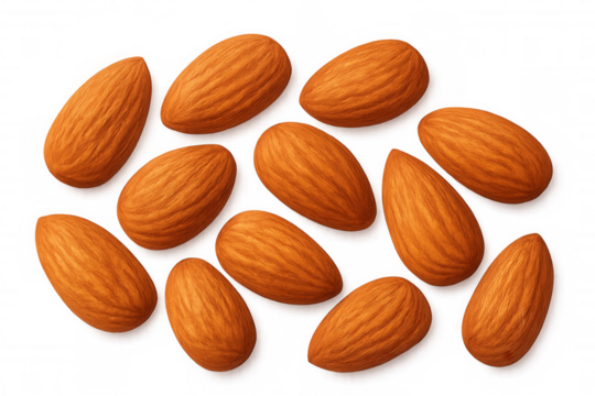Almond nuts arranged artfully, revealing rich golden-brown hues and intricate surface details against clean transparent backdrop
