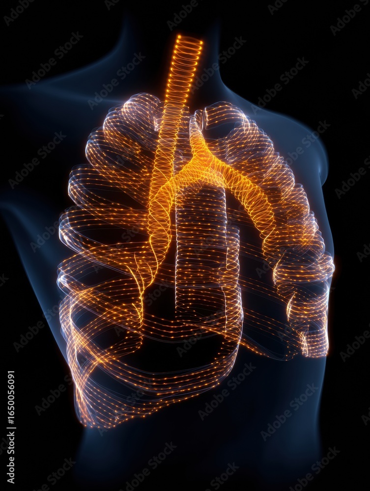 Poster visualization of human lungs with glowing lines illustrating respiratory structures in a dark backgr