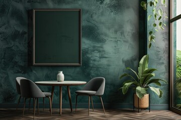 Photo Mockup Frame in Modern Dining Room Interior Design with Dark Green Empty Wall