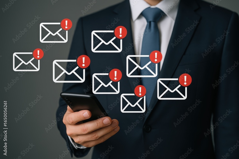 Poster multiple email alerts displayed over a smartphone.