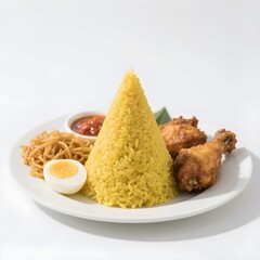 Traditional Indonesian Yellow Rice (Nasi Tumpeng) with Fried Chicken