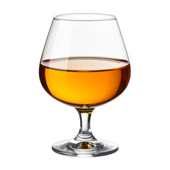A Glass of amber spirit Isolated On White Background: A glass of rich, amber-colored liquid sits in an elegant crystal glass. A striking view of an inviting beverage.